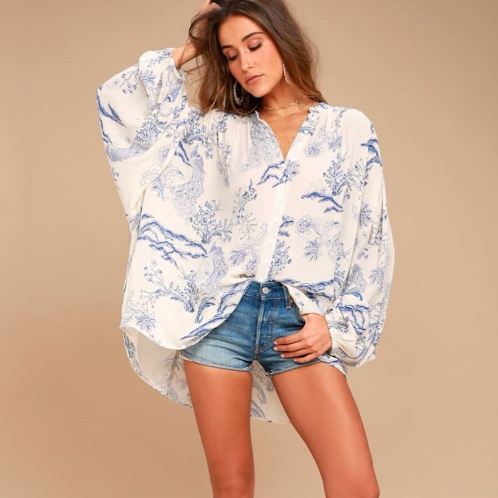 Free People Metallic Blooms Top Ivory Blue Peacock Toile Print Balloon Sleeve S